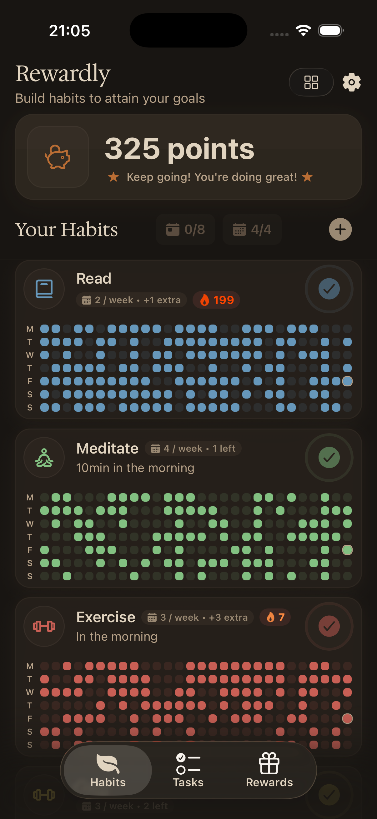 Rewardly main habit tracking screen